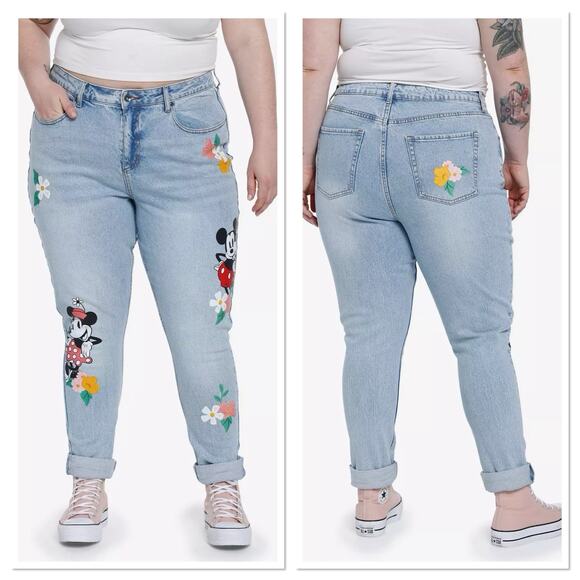 Disney X‎ Hot Topic Mickey Minnie Mouse Floral Mom Jeans Light Wash Plus Size 28 - Picture 2 of 12